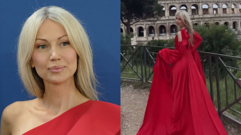 Magdalena Ogórek zamiata rzymskie ulice w krwistoczerwonej sukni