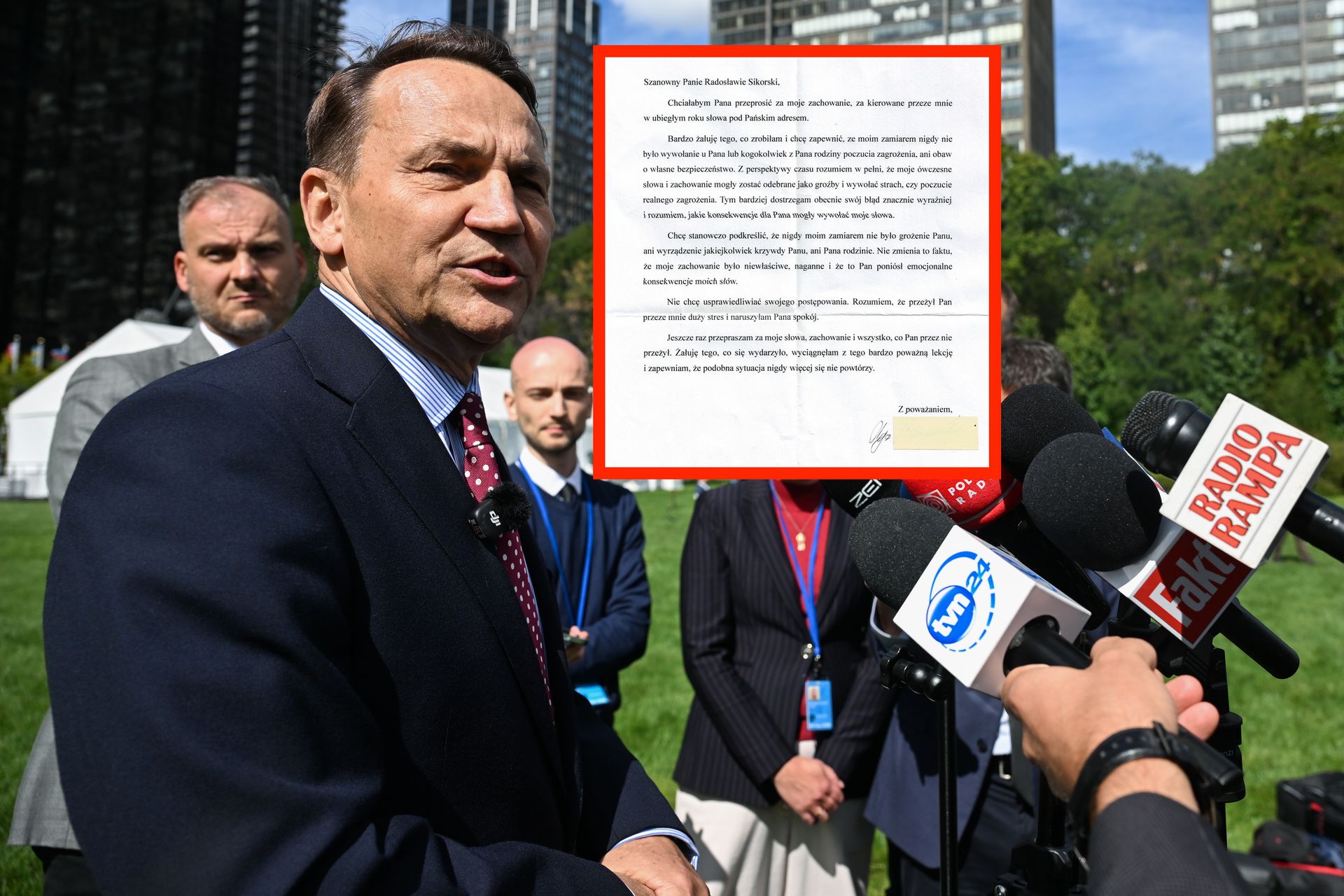 Radosław Sikorski opublikował list od autorki gróźb. "Bardzo żałuję"