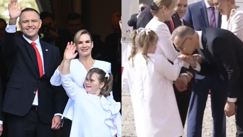 Andrzej Duda ucałował dłoń Kasi Nawrockiej przed Pałacem Prezydenckim