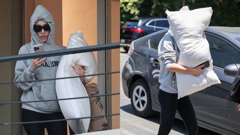 RZADKI WIDOK: Kompletnie UBRANA Bianca Censori unika obiektywów aparatów, zasłaniając się wielką poduchą