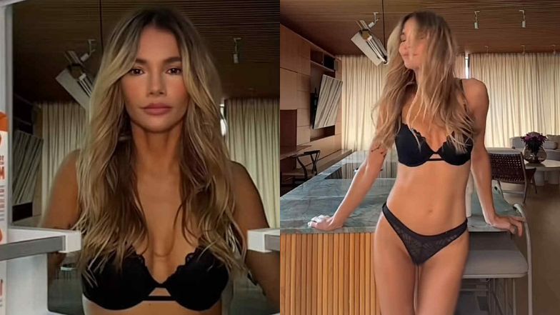 Odziana w bieliznę Maja Bohosiewicz prezentuje zgrabną sylwetkę, wyginając się na kuchennym blacie