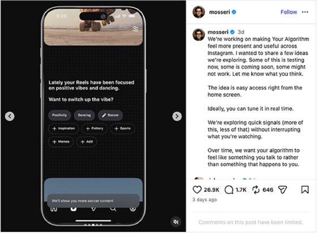 Instagram testuje nowe opcje w ramach "Your Algorithm"