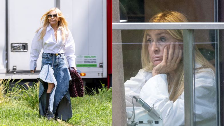 Monika Olejnik w ekstrawaganckiej stylizacji pędzi na manicure. Malowanie paznokci wyraźnie ją znudziło