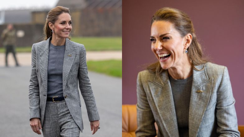 Księżna Kate odwiedziła bazę lotniczą. 43-latka zachwyciła w dopasowanym garniturze w kratę