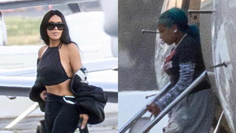 Kim Kardashian odsłania szczupłą talię po powrocie z urodzin córki. Na lotnisku nie zabrakło ODMIENIONEJ North West