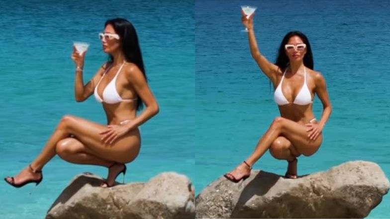 Nicole Scherzinger w białym bikini i obcasach balansuje na skale i popija martini. Robi wrażenie?