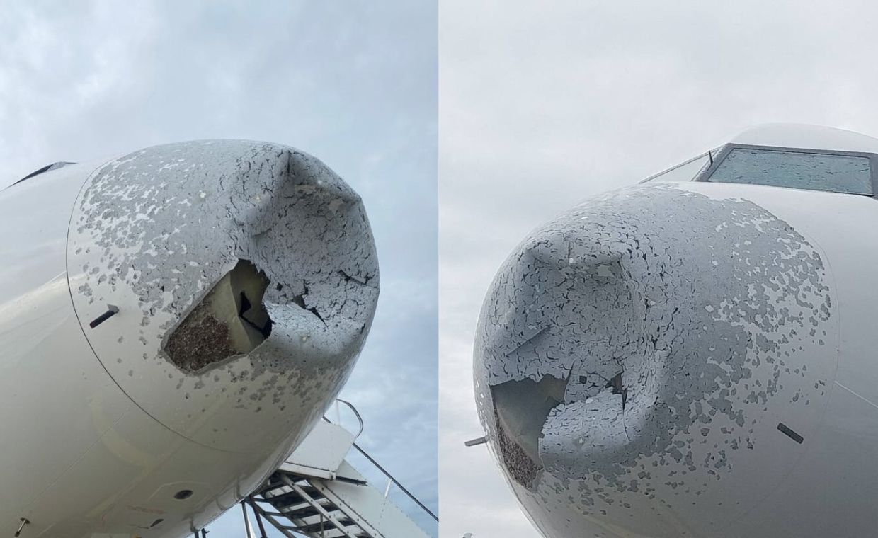 Awaryjne lądowanie w Katowicach. Samolot uszkodzony w gradzie