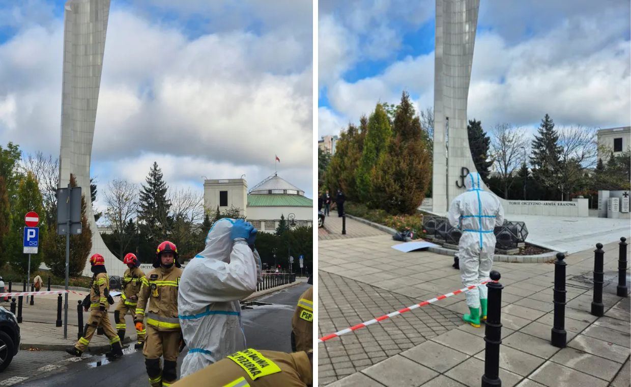 Akcja służb przed Sejmem. Ustalono, co rozlano przy pomniku