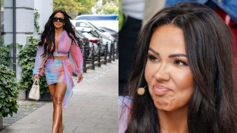 Strzaskana na mahoń Sylwia Bomba odsłania dekolt i nogi w tęczowej stylizacji