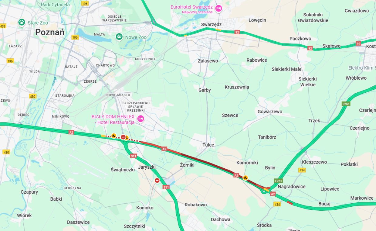 7-kilometrowy korek na A2 koło Poznania. Ruch odbywa się jednym pasem