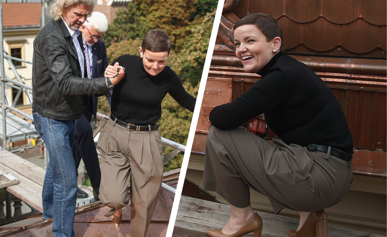 Wizytacja na dachu teatru. Ministra w obcasach na rusztowaniu i rażące naruszenie BHP