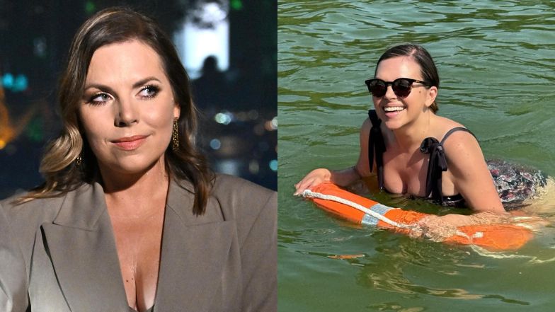 Odziana w kostium kąpielowy Aleksandra Kwaśniewska korzysta z ostatnich dni wakacji nad jeziorem