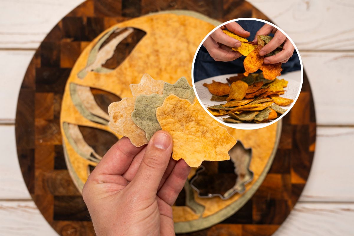 Z kolorowych tortilli wycinam małe listki. Cała rodzina się nimi zachwyca