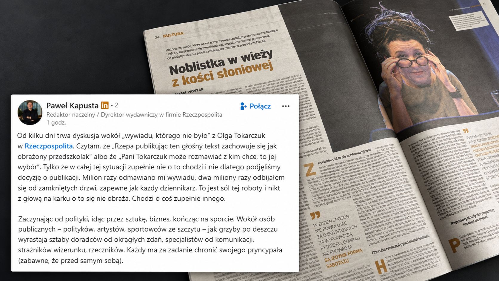 Kapusta o otoczeniu Tokarczuk: "Spin-szarlatani". Broni publikacji "Rzeczpospolitej"