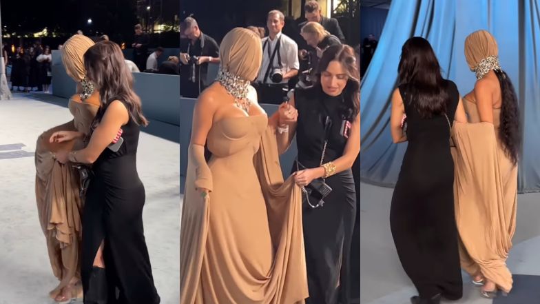 Asystentka pomagała Kim Kardashian WEJŚĆ na galę. Przez rajstopę (?) na głowie celebrytka nic nie widziała... (WIDEO)