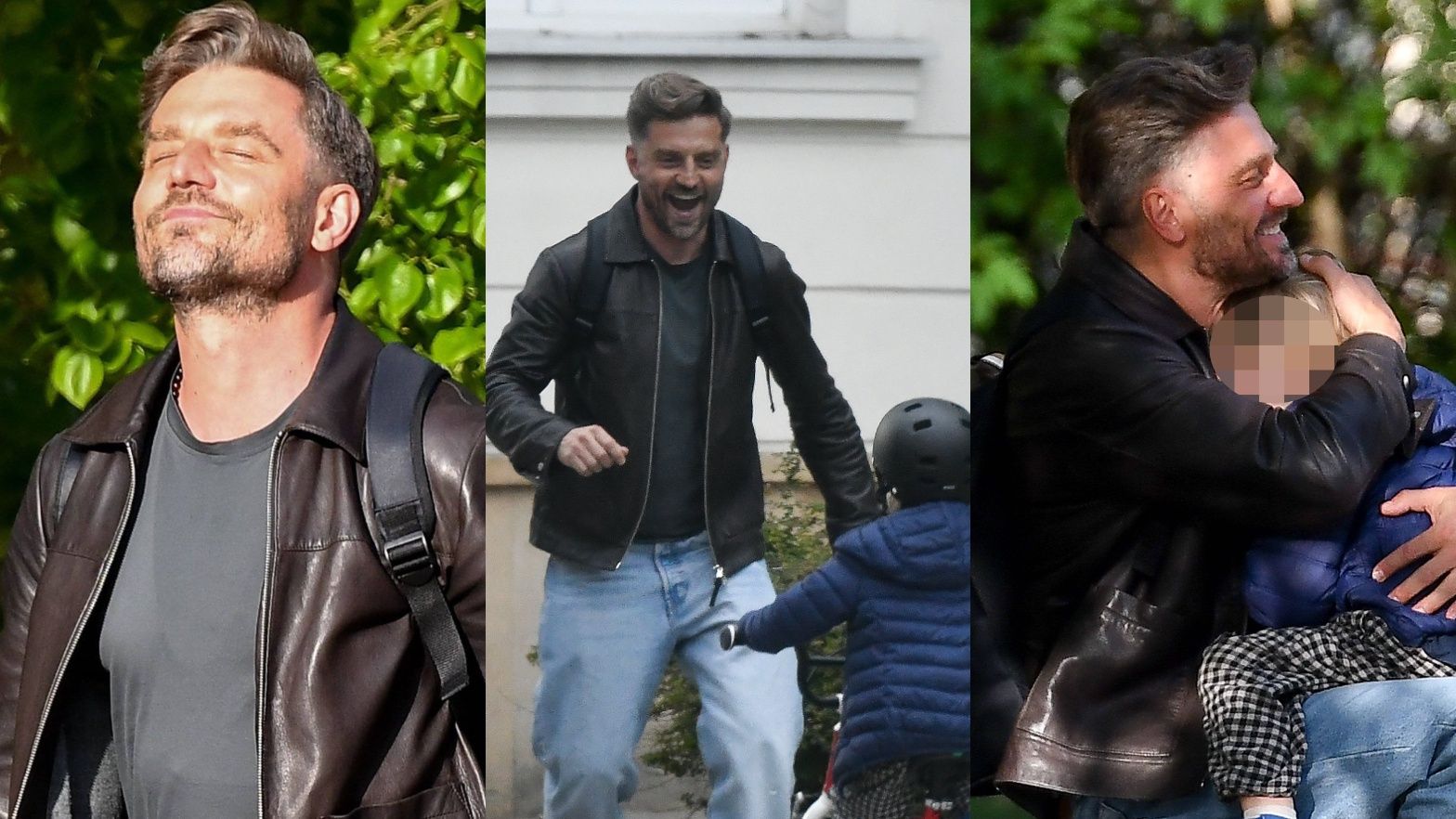 Marcin Rogacewicz ekscytuje się umiejętnościami jazdy na rowerze syna i tuli go na ławce w parku (ZDJĘCIA)