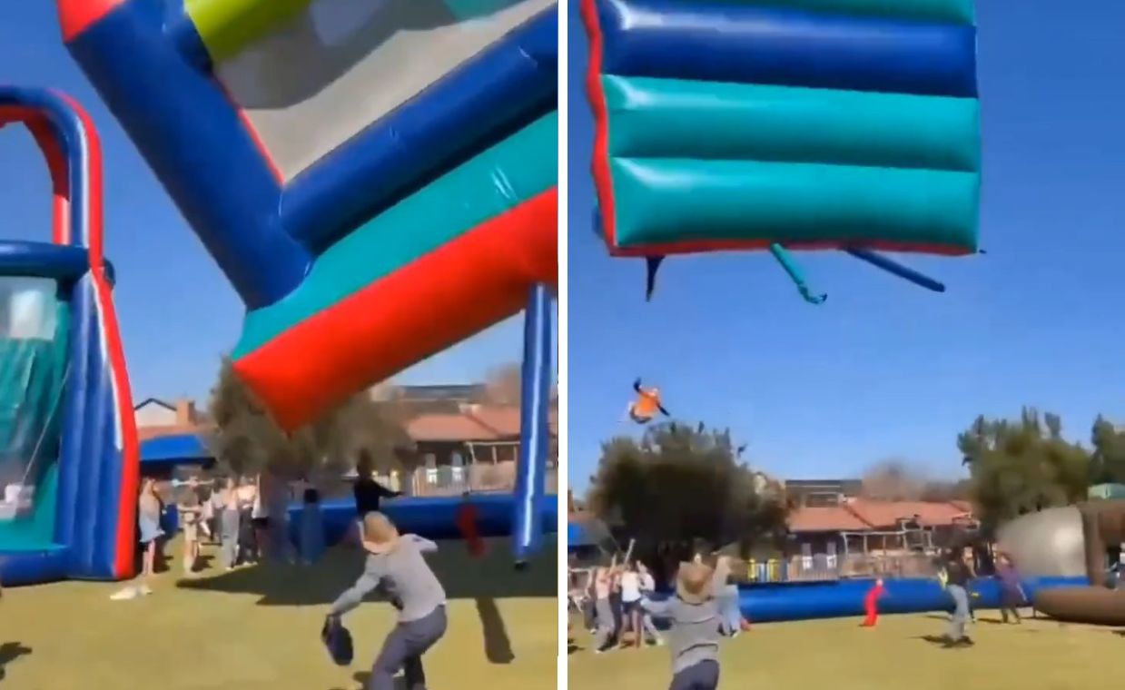 Wiatr uniósł dmuchany zamek. Dzieci wypadały z środka