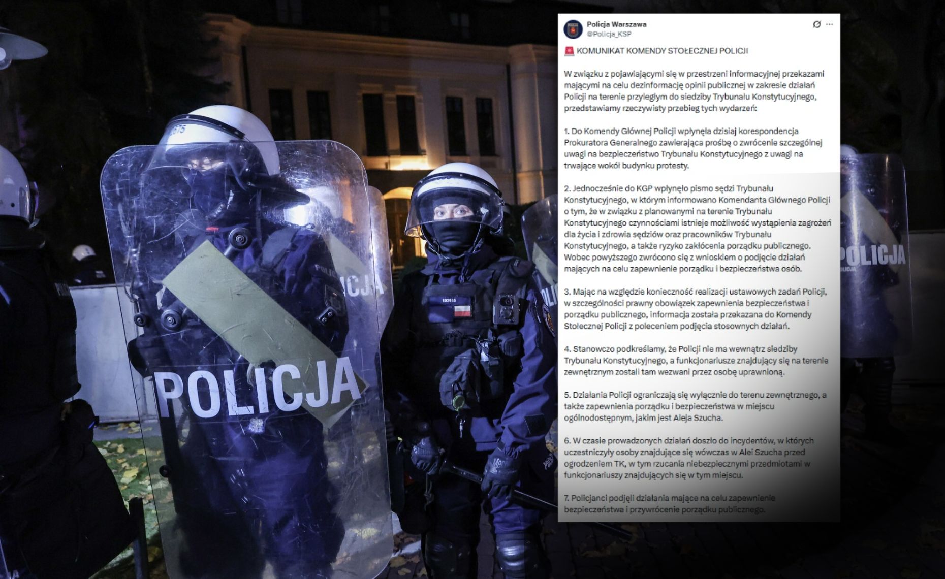 Policja podsumowuje działania przed TK. "Przedstawiamy rzeczywisty przebieg wydarzeń"