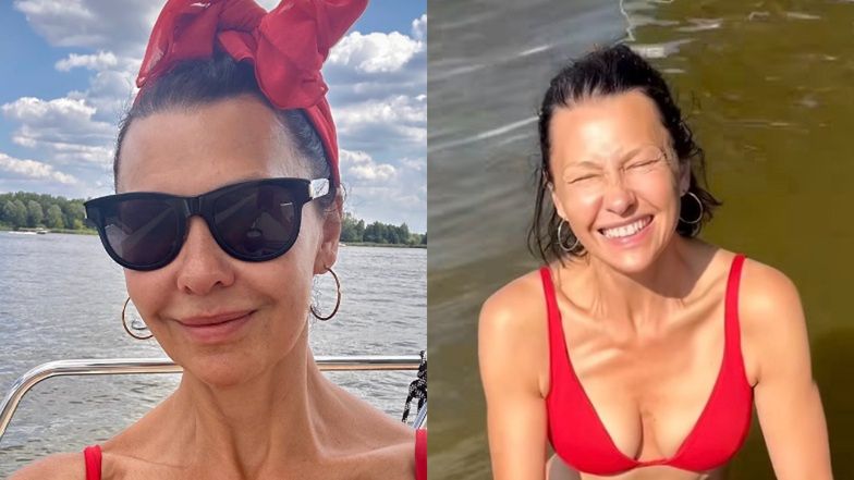 Anna Popek eksponuje szczupłą sylwetkę w czerwonym bikini i daje nura do wody