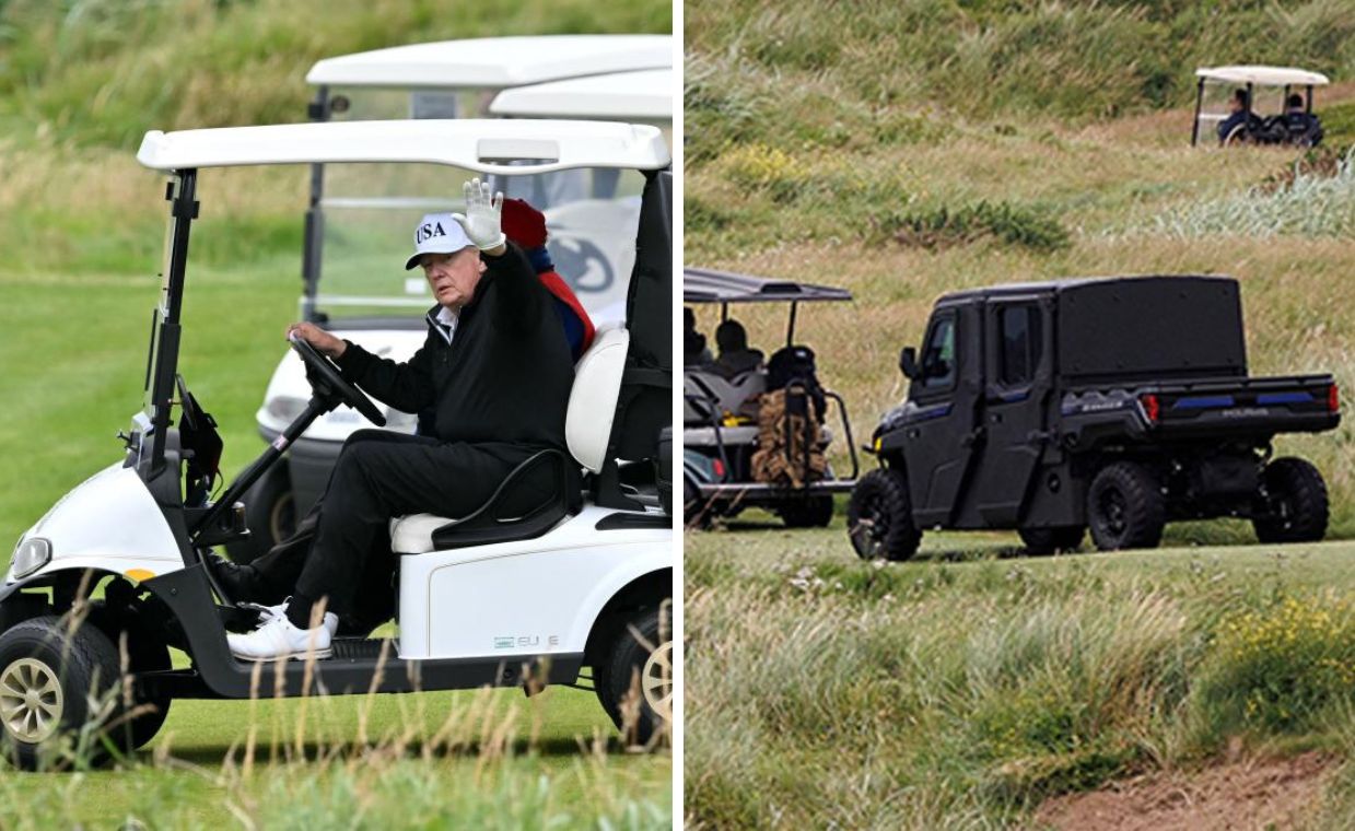 Wózek kuloodporny. Ochrona Trumpa podąża za nim, gdy gra w golfa