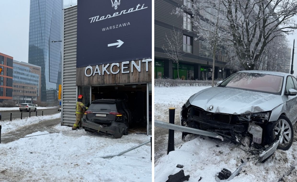 Mercedes wjechał do sklepu. Groźne zderzenie w Warszawie