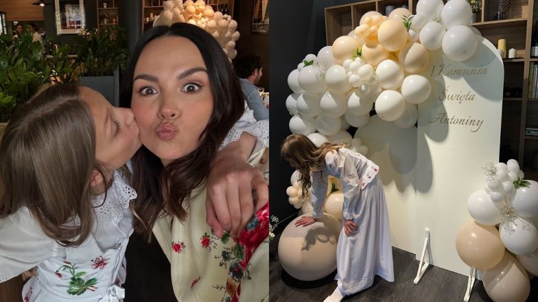 Paulina Krupińska wyprawiła córce komunię w góralskim stylu: ścianka z balonami, oryginalna alba, tort z owocami