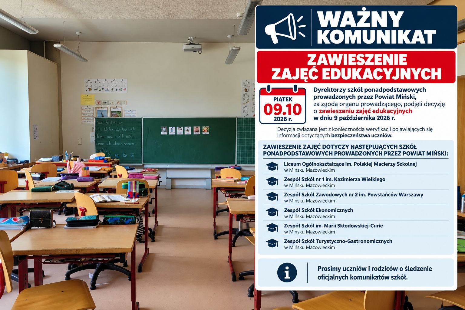 Wzmocnione środki bezpieczeństwa. Niektóre szkoły zamknięte w piątek