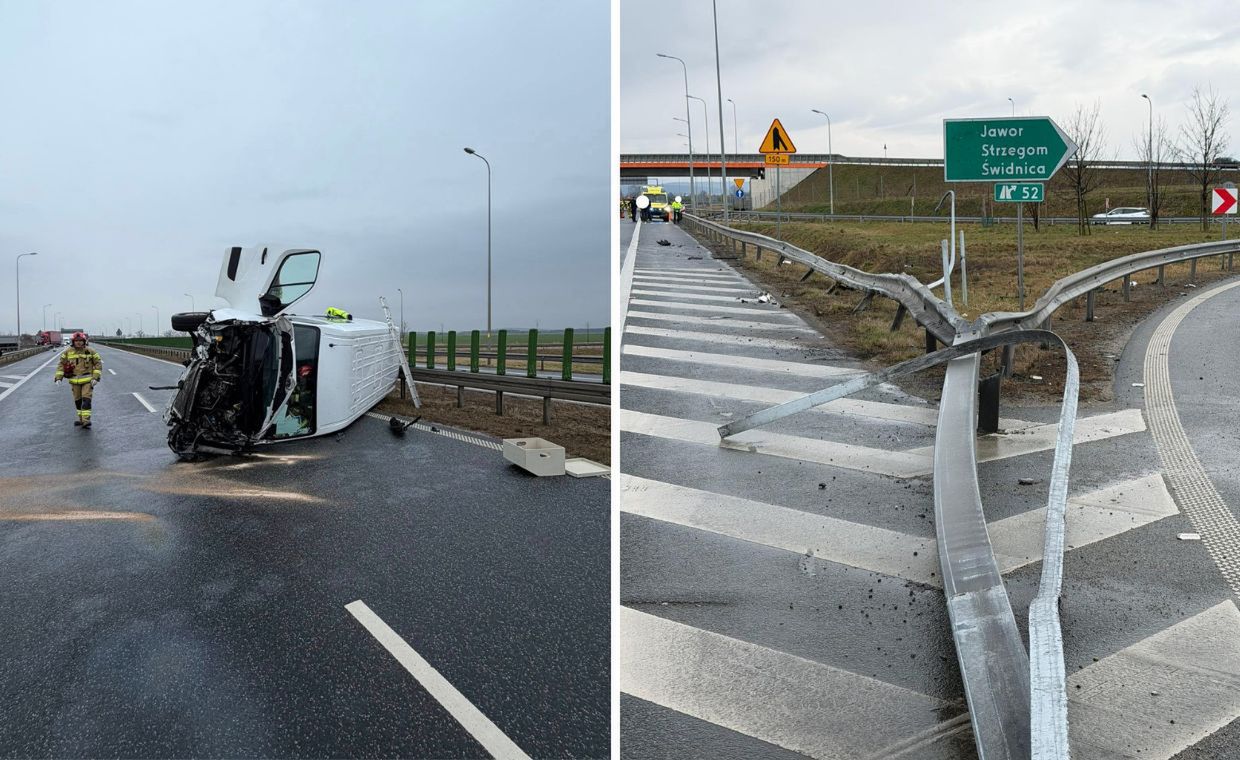Bus uderzył w bariery i przewrócił się na bok. Groźne zdarzenie na S3