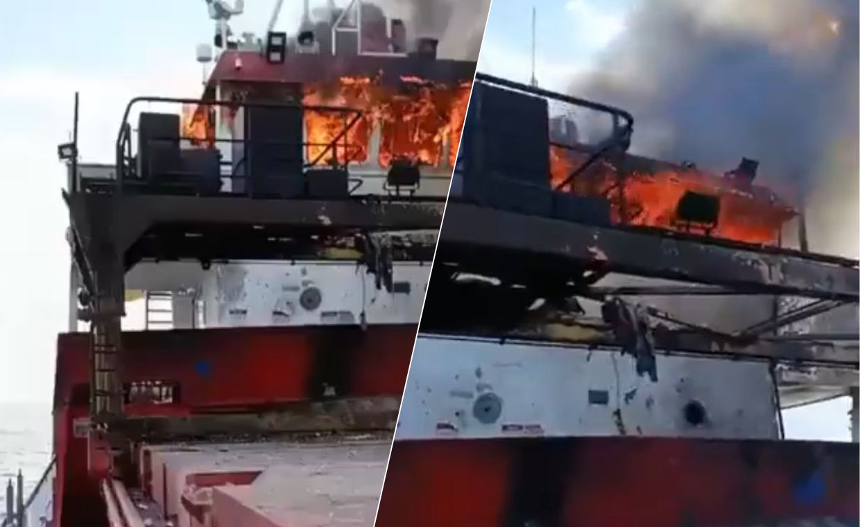 Tankowiec stanął w ogniu. Został trafiony "nieznanym pociskiem"