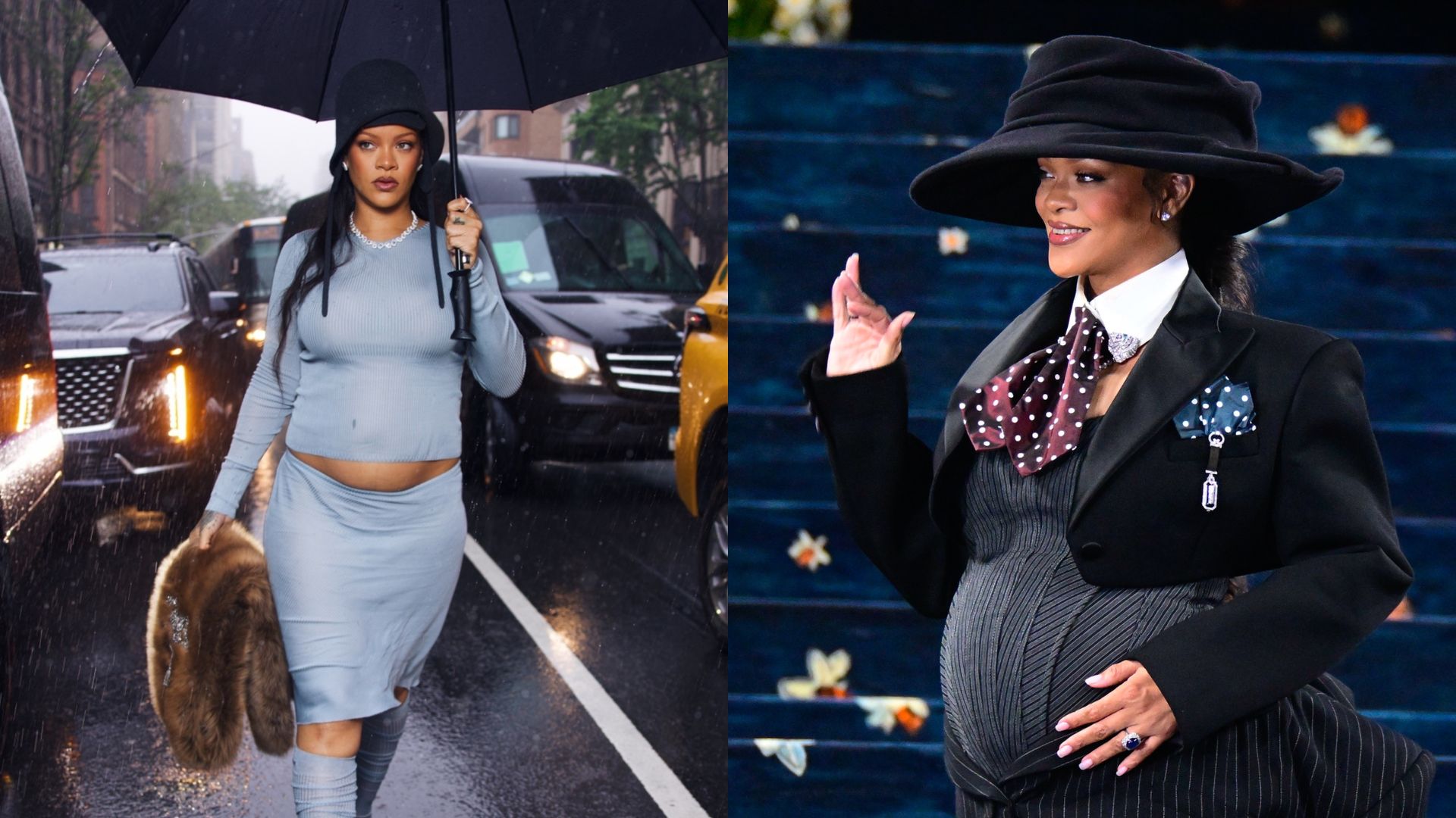 Skryta pod parasolem Rihanna przedziera się przez strugi deszczu z futrzanym kołnierzem w dłoni i CIĄŻOWYM BRZUCHEM na wierzchu