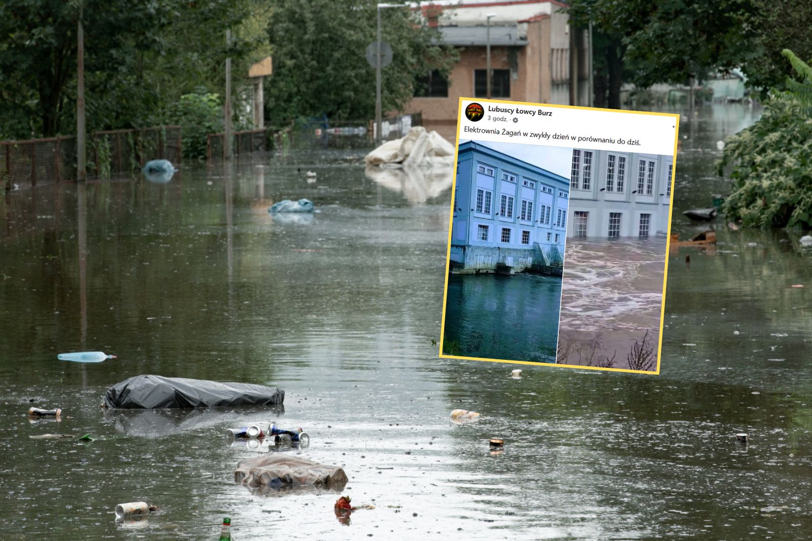 Elektrownia w Żaganiu kiedyś i dziś. Woda sięga okien