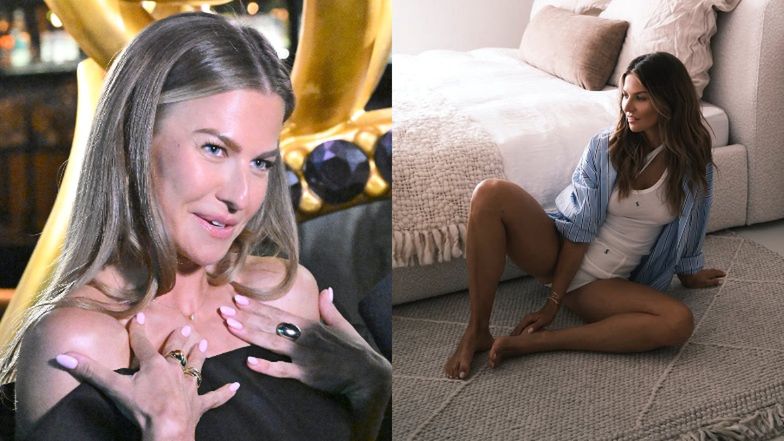 Natchniona Anna Lewandowska siedzi na dywanie i patrzy w ścianę, reklamując drogie meble