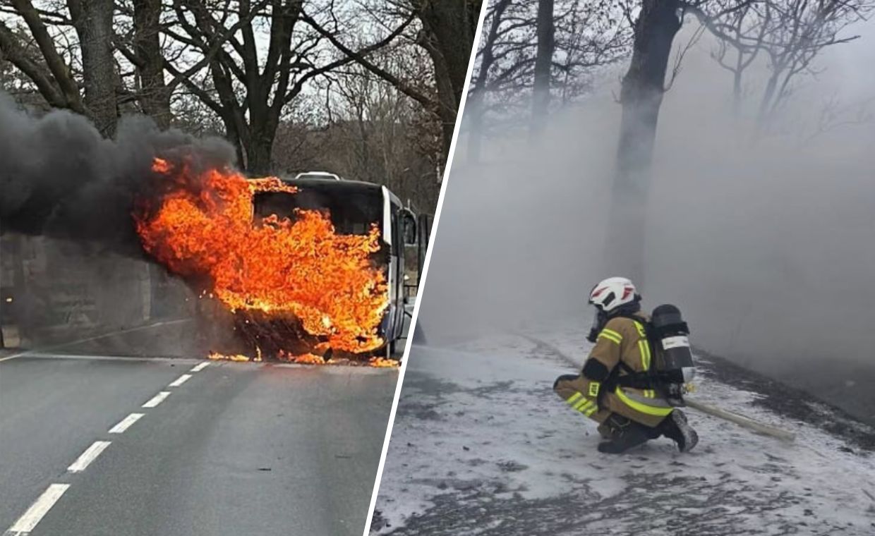 Dramatyczne sceny koło Kamiennej Góry. Autobus stanął w płomieniach