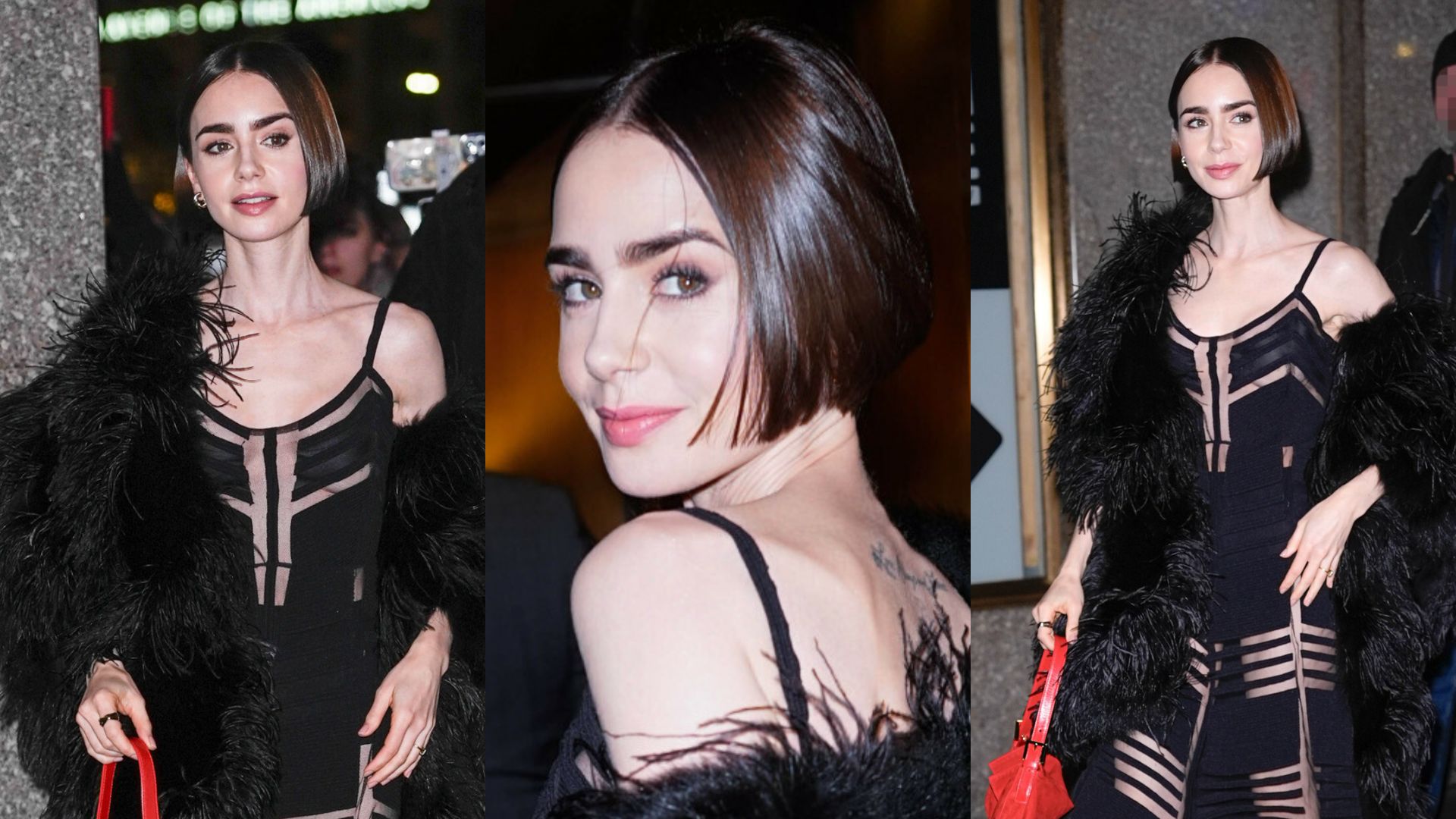 Lily Collins uzbrojona w czerwoną torebkę Fendi mknie na nagranie w sukience z prześwitami (ZDJĘCIA)