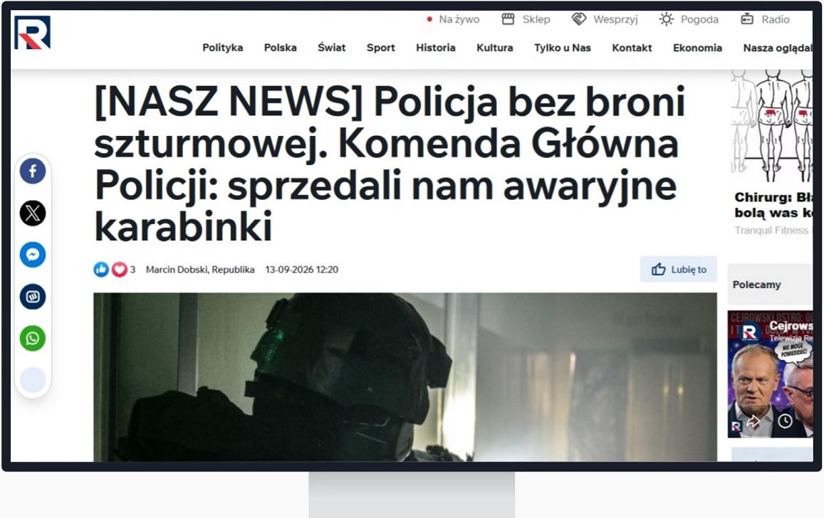 Policja reaguje na tekst Republiki o braku karabinków. Dziennikarz: za nieścisłości przepraszam