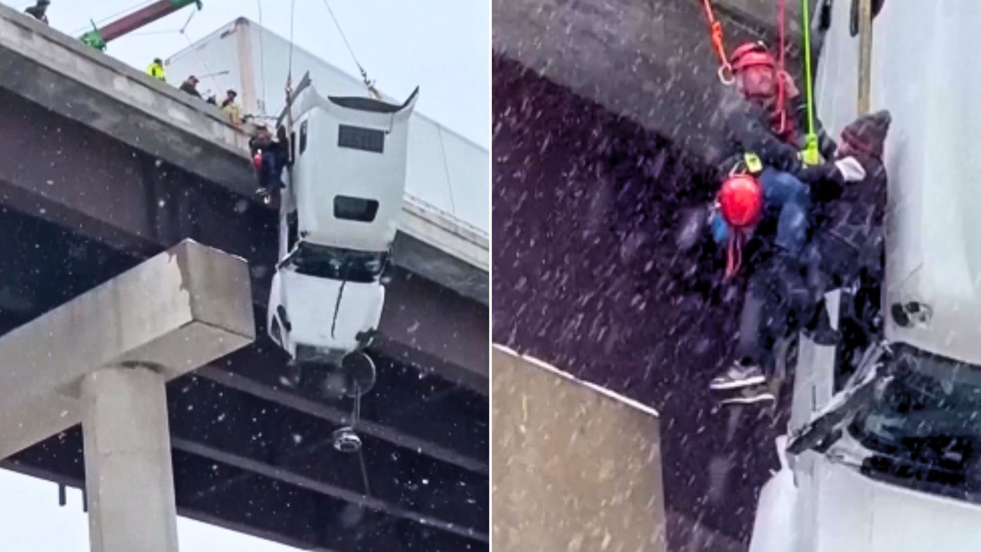 Zawisł ciężarówką na wiadukcie. Dramatyczne nagranie z USA