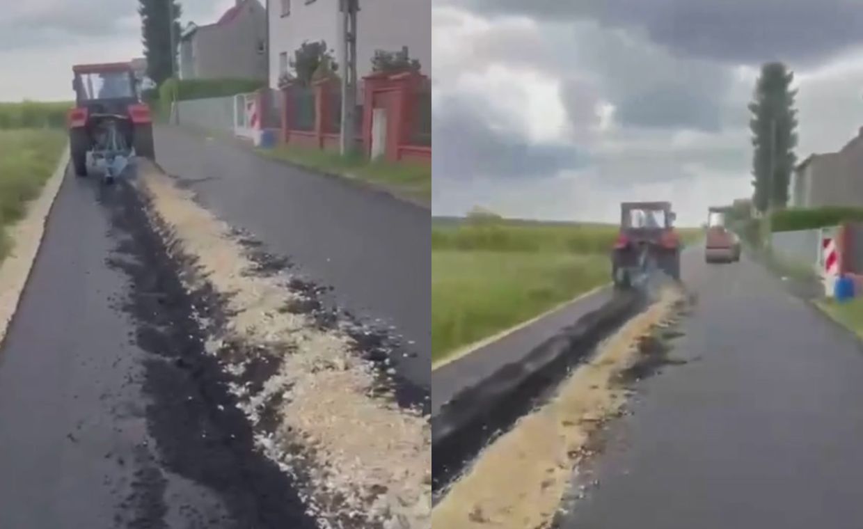 Rolnik zaorał świeży asfalt w Gliwicach. Mamy nagranie