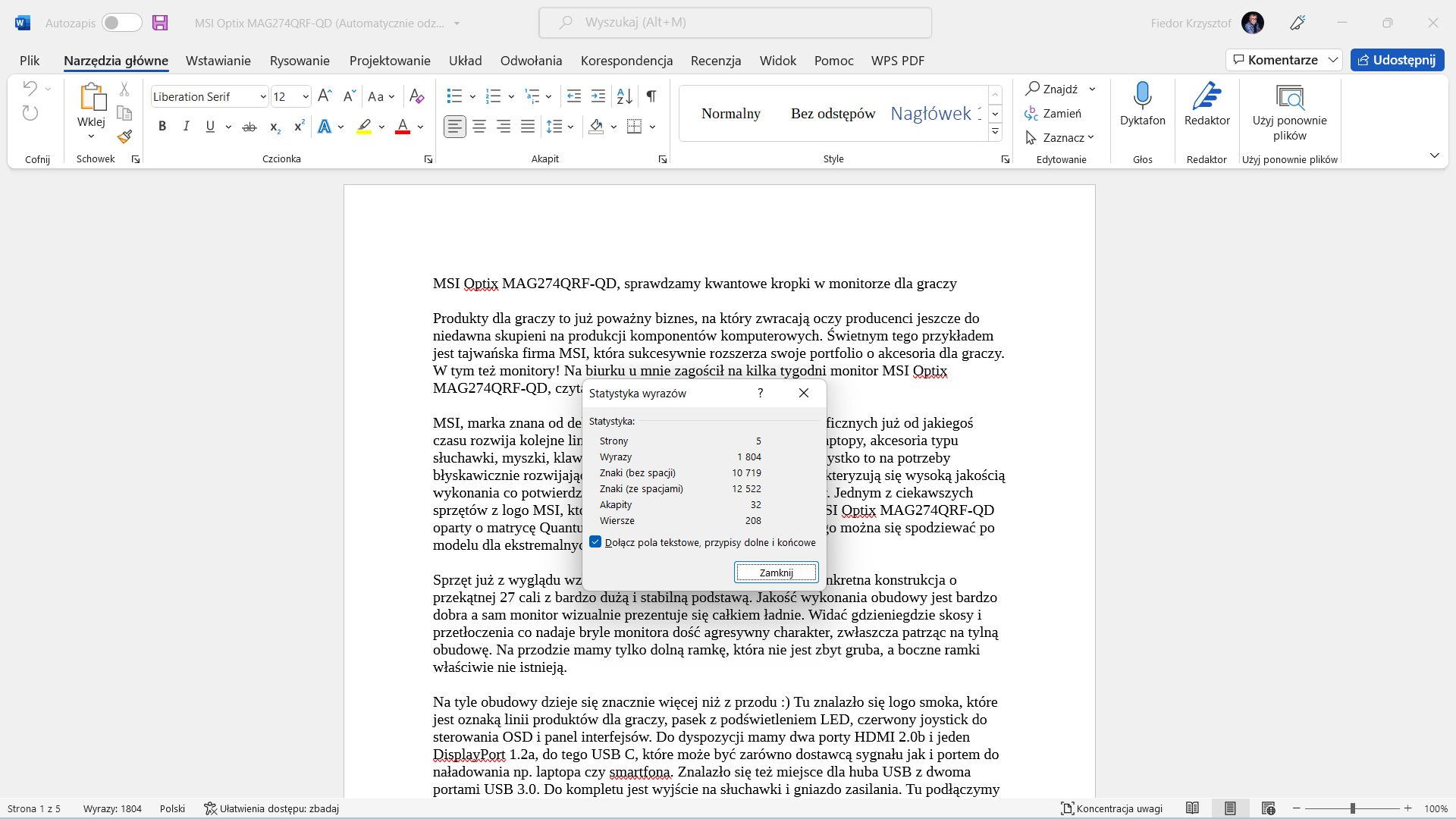 Microsoft Word jak sprawdzić liczbę znaków?