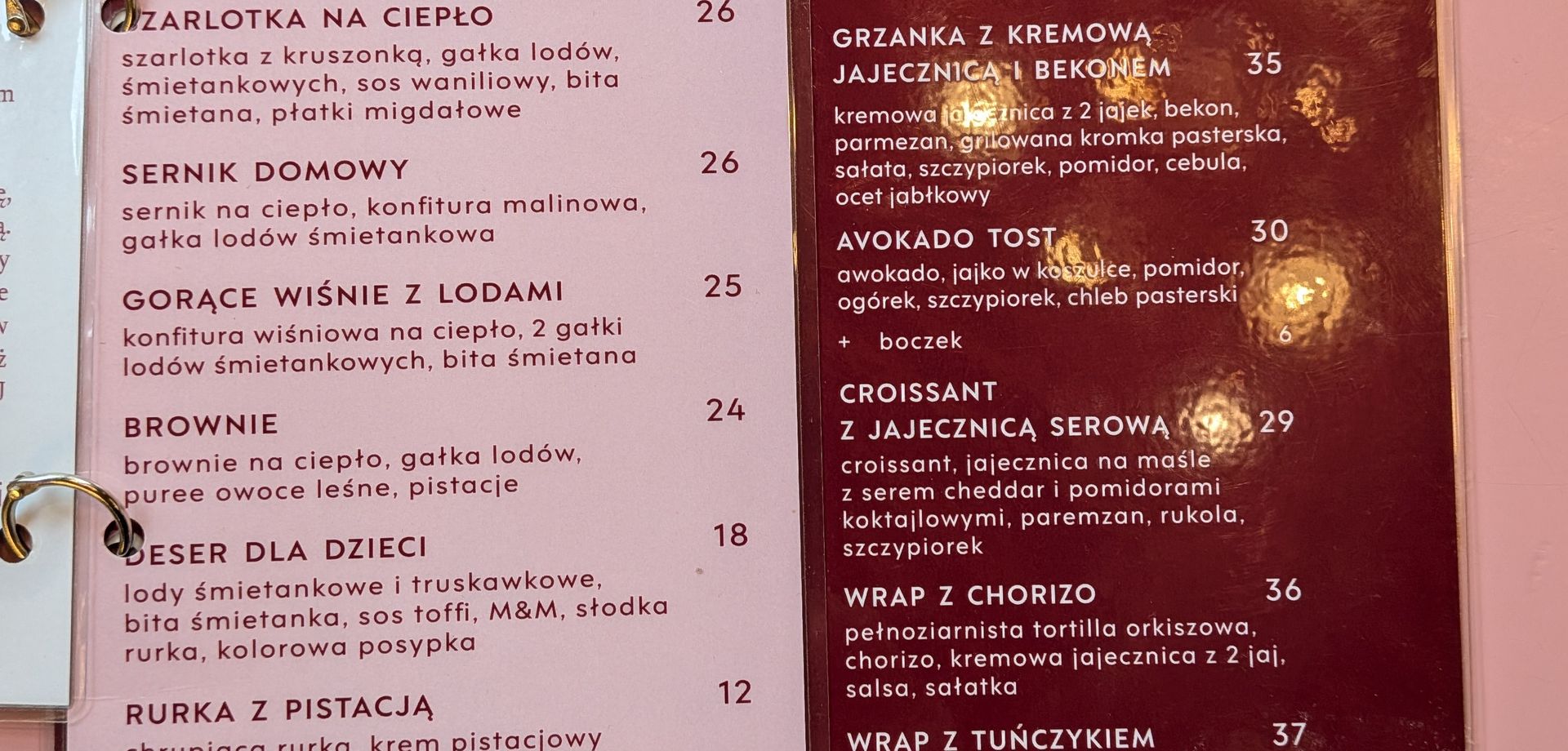 Menu w cukierni "Samanta" na Krupówkach