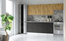 zestaw mebli kuchennych z ciemnymi dolnymi szafkami