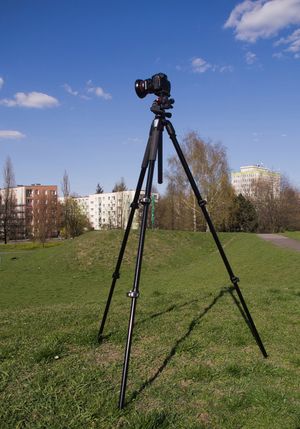 Testowany zestaw w pełnej okazałości. No, właściwie to nie w pełnej, bo nie wysunąłem kolumny. Pozwala ona podnieść głowicę z aparatem o 30 cm zachowując przy tym przyzwoitą sztywność. Bez wysuniętej kolumny miałem wizjer lustrzanki na wysokości nieco ponad 160 cm – akurat dla osób mierzących 180 cm lub trochę więcej. No chyba, że zamierzamy aparat pochylić mocniej w dół – wówczas przydałoby się nam jeszcze kilka centymetrów wzrostu. Albo uchylny wizjer i działanie w LV. A, jeszcze jedno: kolumna nie jest okrągła, więc możemy regulować jej wysunięcie bez obaw, że aparat obróci się wokół osi pionowej.
© Paweł Baldwin