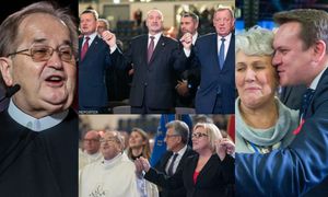 Tłum polityków PiS na urodzinach Radia Maryja: Macierewicz, Błaszczak i Szyszko trzymają się za ręce i śpiewają...