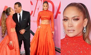 49-letnia Jennifer Lopez w pomarańczowym zestawie Ralph Lauren pozuje z narzeczonym na gali CFDA