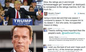 Trump wyśmiewa oglądalność Schwarzeneggera: "ZOSTAŁ ZNISZCZONY w porównaniu z buldożerem rankingów, Donaldem J. Trumpem!"