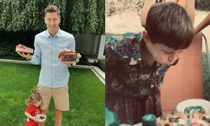 Robert Lewandowski z kawałkiem tortu i Klarą przy nodze świętuje swoje 31. urodziny
