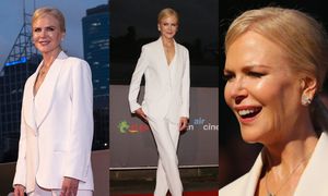 "Woskowa" Nicole Kidman promuje nowy film w białym garniturze Ermanno Scervino