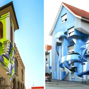 15 trójwymiarowych murali, które przypominają geometryczne rzeźby. Tworzy je włoski artysta