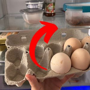ręka trzymająca opakowanie jajek na tle otwartej lodówki