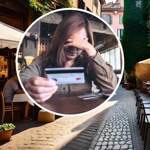 włoski ogródek restauracyjny i załamana kobieta z kartą płatniczą w dłoni