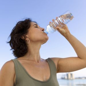 kobieta piję wodę z butelki na zewnątrz
